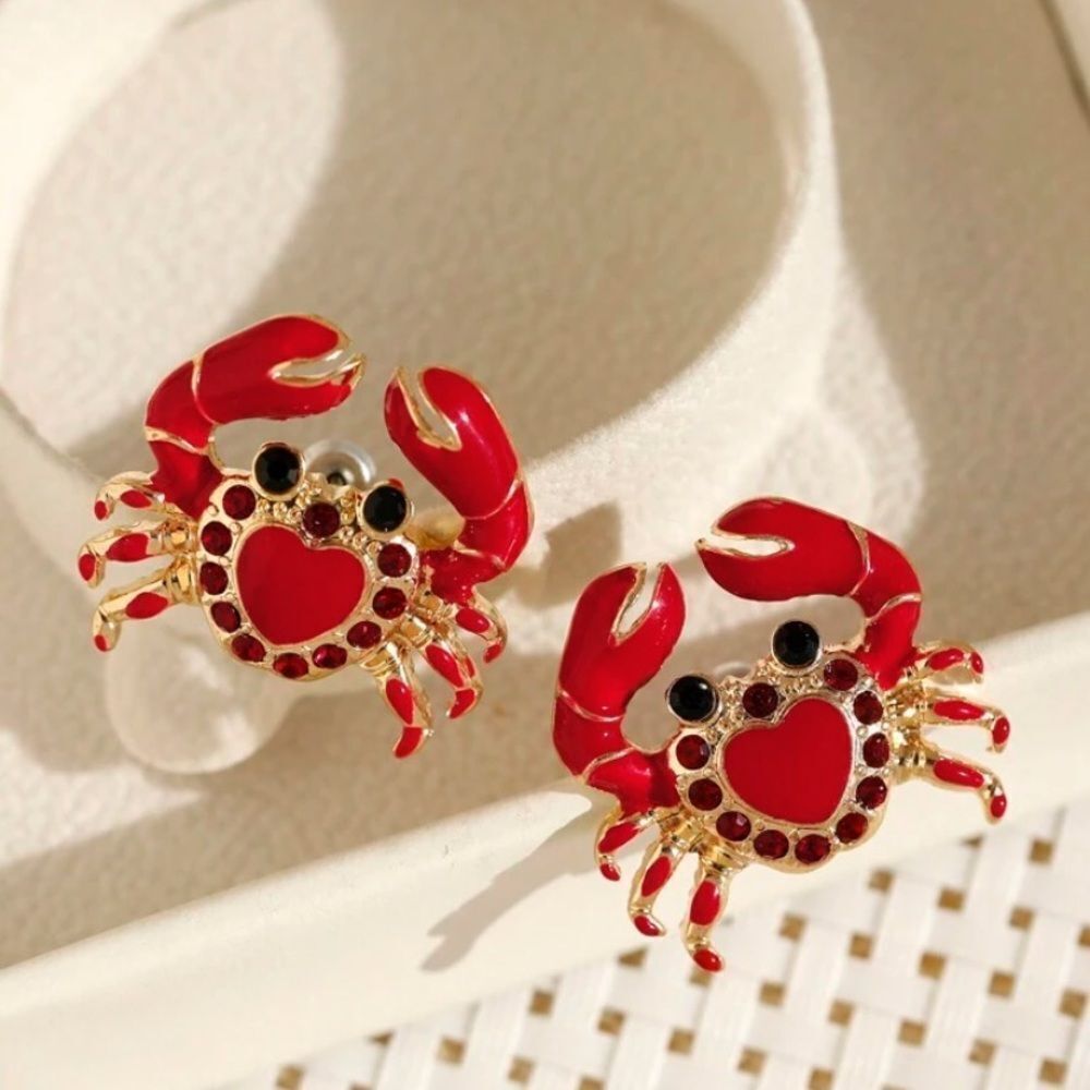 3for$20 Red Heart Shaped Crab Earrings, Cute Animal Stud Earrings For Beach